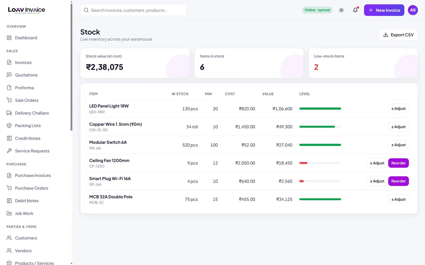 Customers & products in Loov Invoice